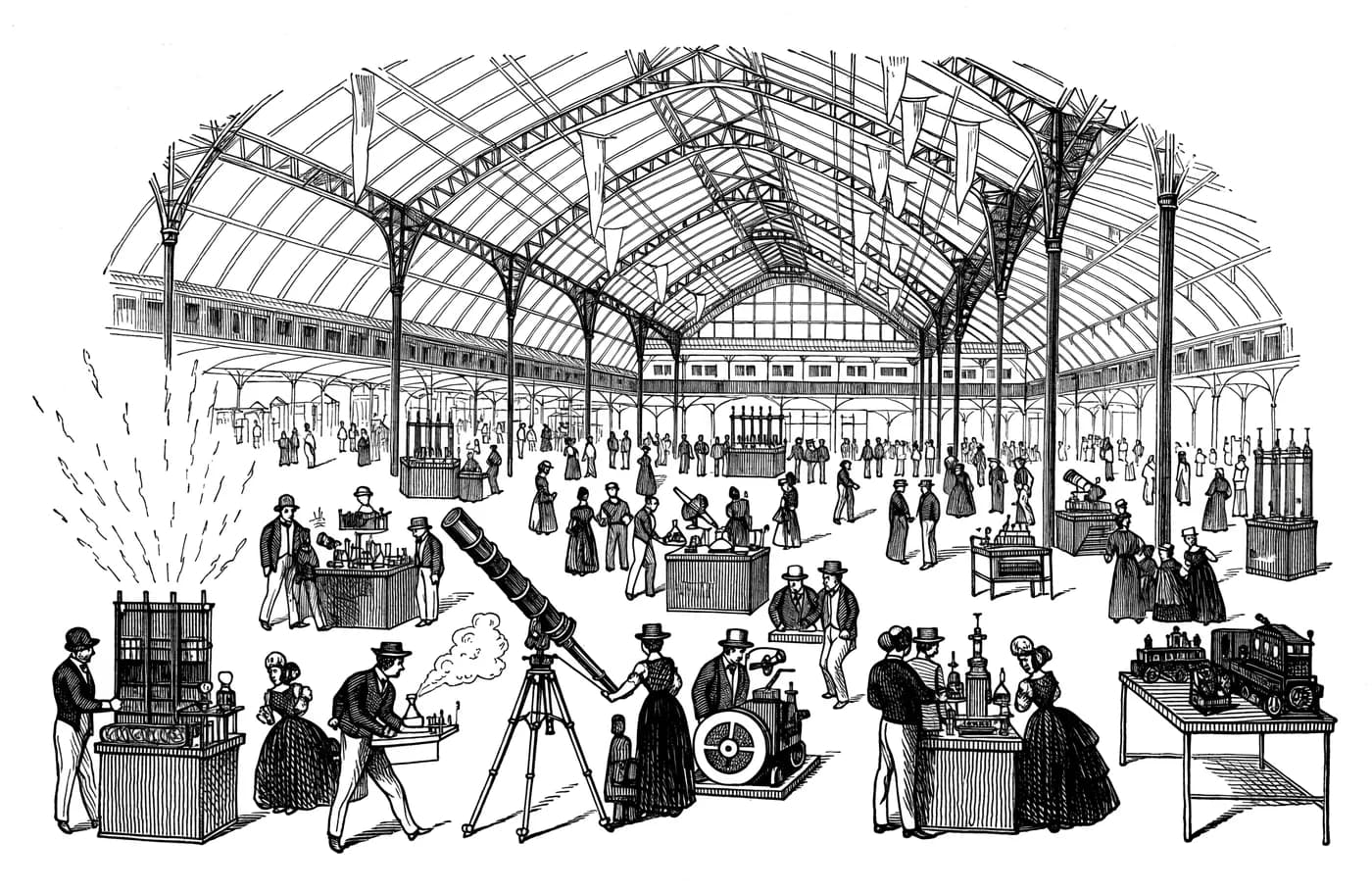 Grabado de una feria de ciencia victoriana en una nave de hierro y cristal: casetas de demostración con distintos aparatos, público recorriendo el piso y una galería de oficinas en el entrepiso.